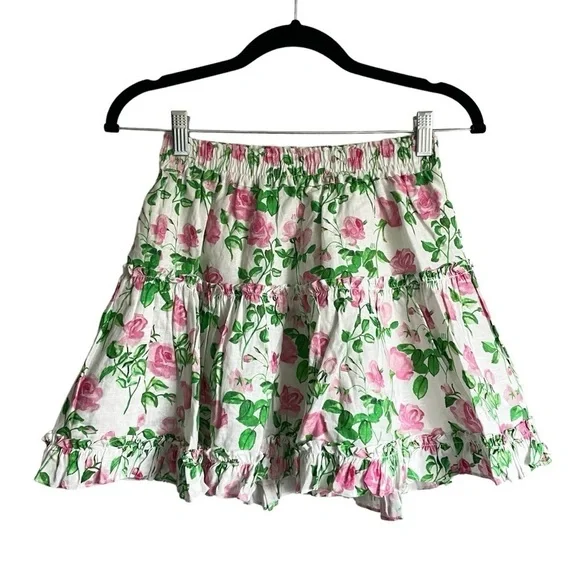 Hill House Paz Skirt Linen Lined Ruffles Pink Roses Romantic Cottagecore NWT